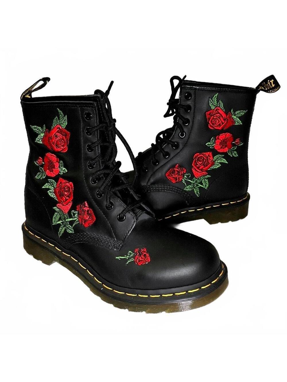 Dr. Martens Black Combat Boots with Red Rose Embroidery Wmns Size 9 US